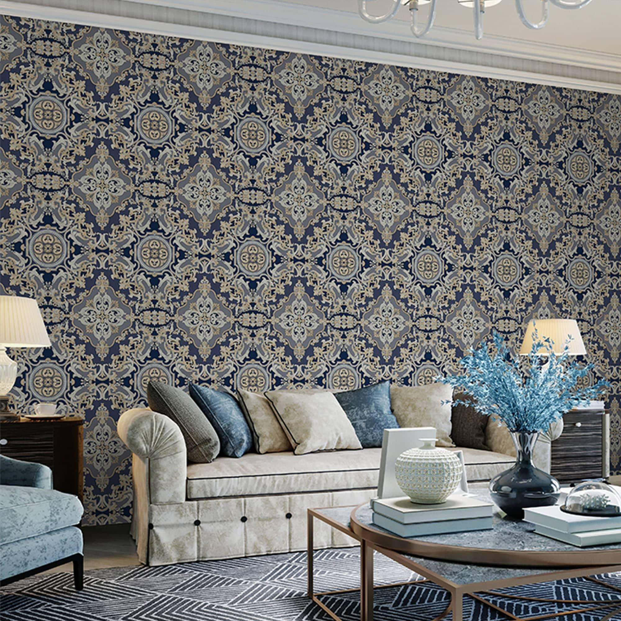 Dark damask wallpaper in a finished living space