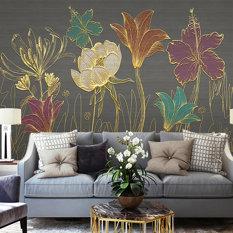 Gold floral decorative wallpaper in a living room