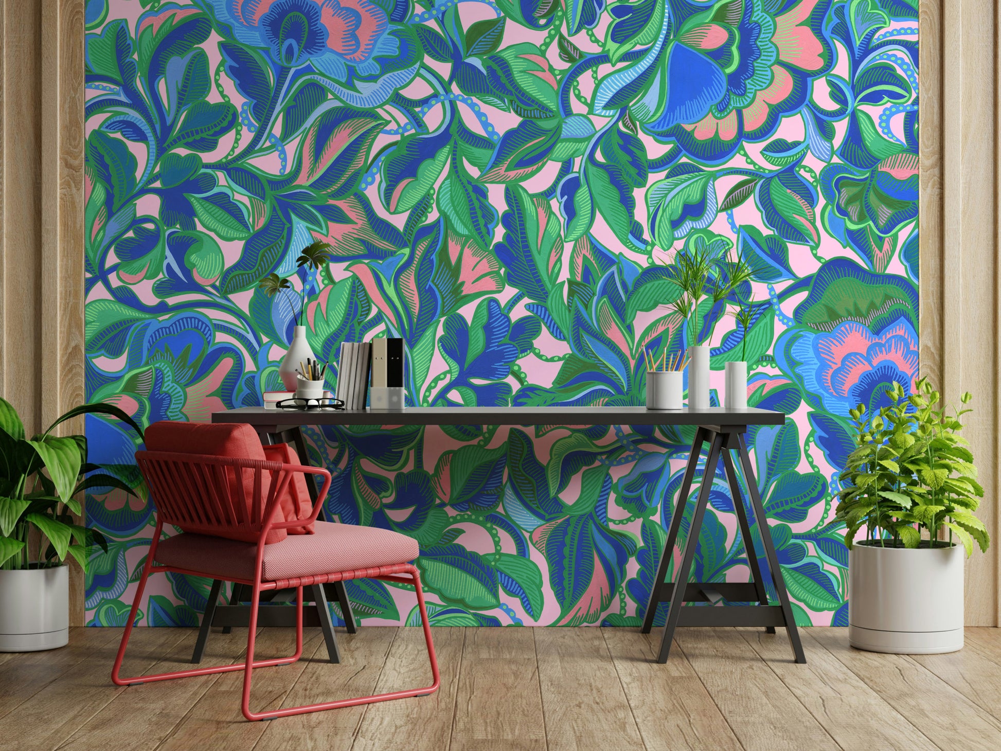 Colorful mural wallpaper in a professionally finished interior